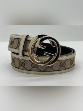Gucci Cream Monogram Canvas Leather Interlocking G Buckle Belt 85/34